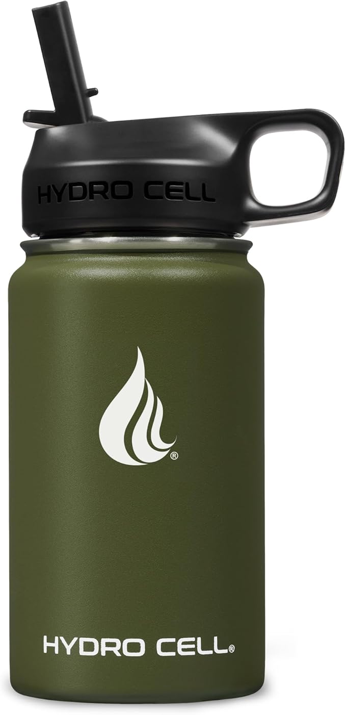 HYDRO CELL Stainless Steel Insulated Water Bottle with Straw - For Cold & Hot Drinks - Metal Vacuum Flask with Screw Cap and Modern Leakproof Sport Thermos for Adults (Army 14oz)