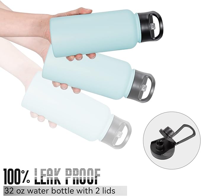 32 oz Insulated Water Bottle Bulk 4 Pack, Stainless Steel Sports Water Bottles with Straw Lid & Wide Mouth Lids, Double Walled Vacuum, Leak Proof, Turquoise Blue