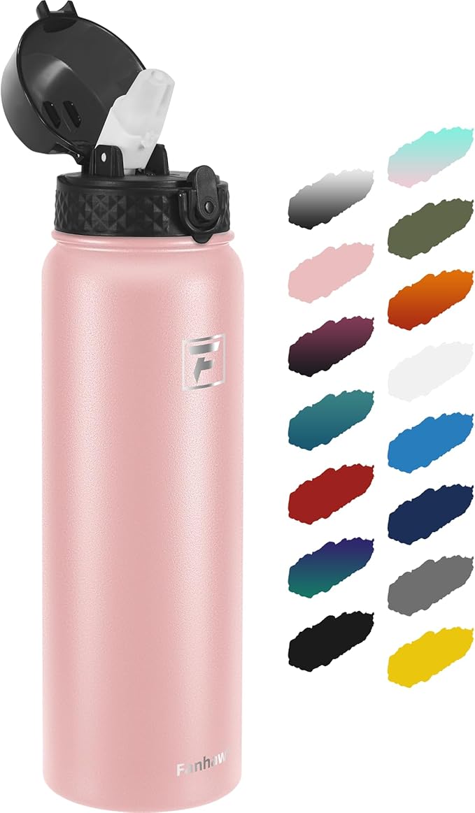 Fanhaw 32 Oz Stainless Steel Insulated Sports Water Bottles with Straw for Kids, Men and Women (Pink)