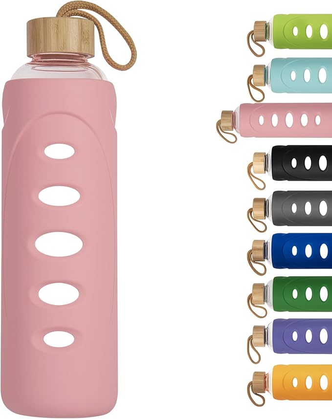 Sport 32oz Glass Water Bottle 1000ml /1 liter Borosilicate Glass Water Bottle Reusable Waterbottle Jugwith Silicone Sleeve and Unique Lid (Pink