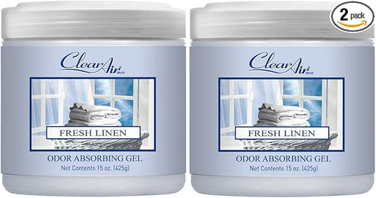 Clear Air Odor Absorber Gel - 15 oz, Pack of 2 - Air Freshener Absorbs and Eliminates Odors in Bathrooms, Cars, Boats, RVs and Pet Areas - Made with Essential Oils - Fresh Linen Scent