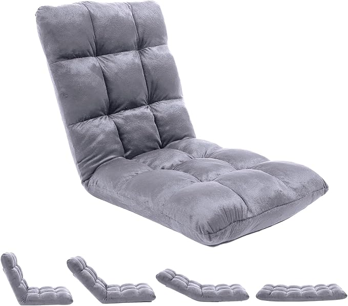 FLOGUOR Indoor 5-Position Adjustable Floor Chair with Back Support Folding Padded Gaming Sofa Chair, Lounge Chair for Adults Video Gaming, Perfect for Meditation, Reading QL050-GR