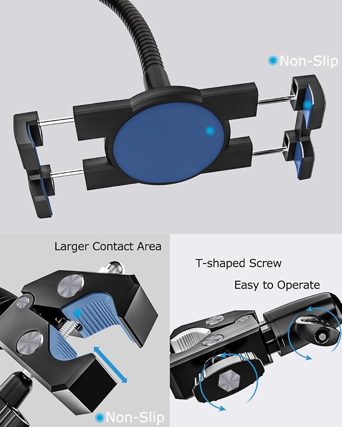 Gooseneck Metal Spin Bike Tablet Holder Mount, Indoor Handlebar iPad Holder for Treadmill, Exercise Bike, Stationary Bicycle, Peloton, Elliptical for iPad Pro 12.9 Air Mini, Galaxy Tabs, Phones(4-13”)