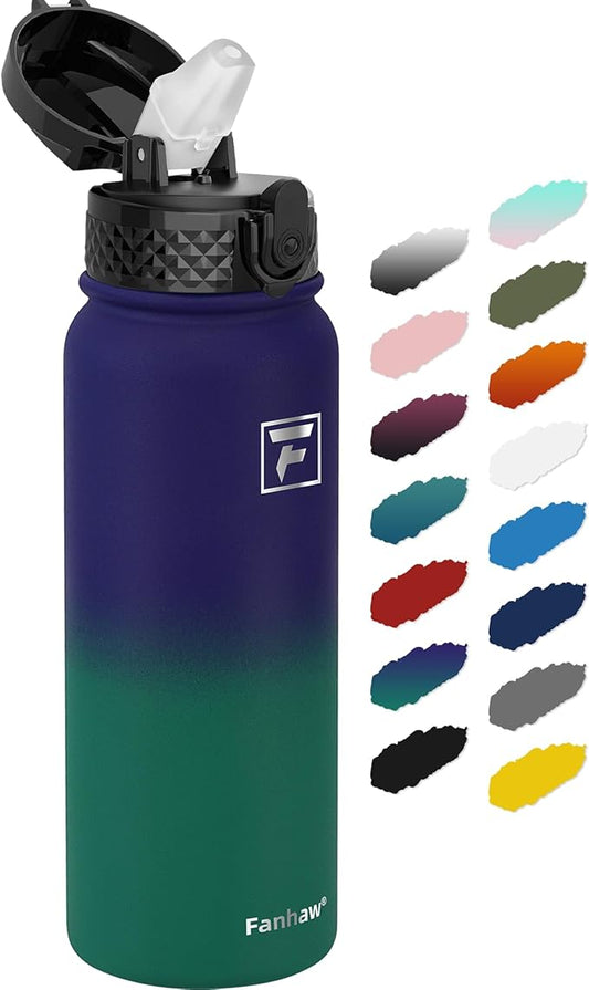 Fanhaw 20 Oz Stainless Steel Insulated Sports Water Bottles with Straw for Kids, Men and Women (Purple Green)