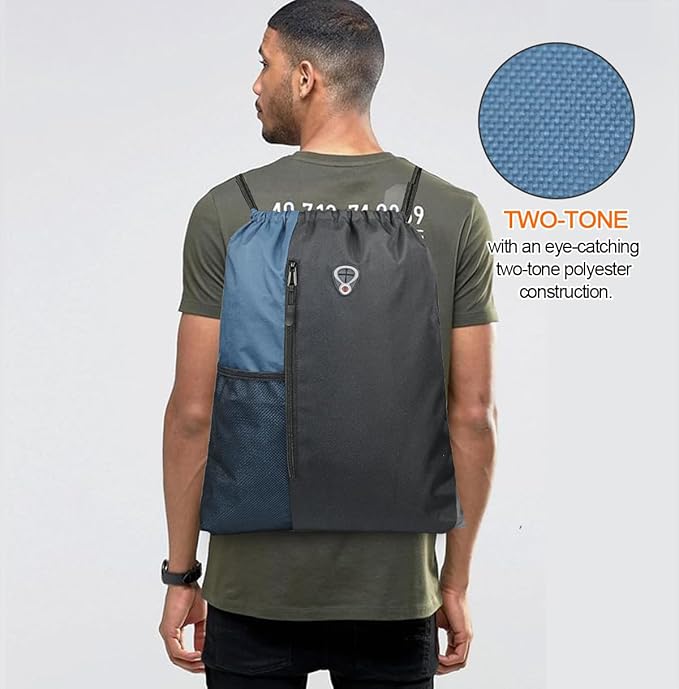 BeeGreen Haze Blue Drawstring Backpack Gym Bag For Men & Women – Sports Sackpack with Mesh Water Bottle Holder & 2 Zippered Pockets – Large 16x20 Inch Cinch String Backpack