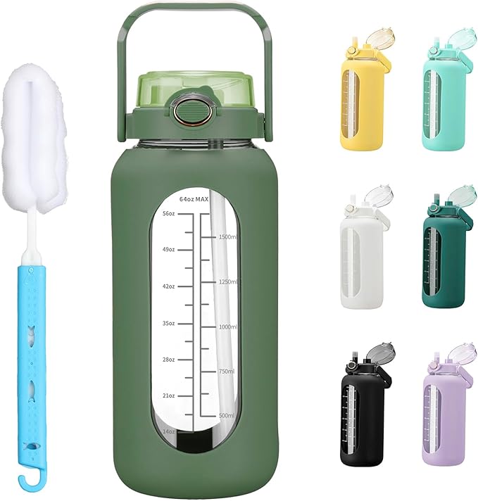 64oz Glass Water Bolttles with Straw Half Gallon Large Motivational Water Bottle with Time Marker Sports Water Bottles with Silicone Sleeve and Handle Lid Water Jug for Gym Workout