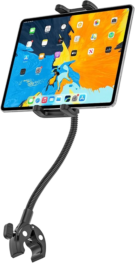 Gooseneck Tablet Holder with Flexible Long Arm, Anti-Slip iPad Clamp Mount for Treadmill/Spin Bike/Stroller/Wheelchair/Elliptical/Boat/Mic Stand/Peloton/Indoor Cycle, Fits 4-13" Device