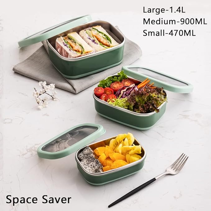 Lille Home Leak Proof Steel Food Containers - Snack Stainless Steel Containers - Ideal for Educational Settings & Daycare - Nesting Trio with Silicone Lids - 47oz+30oz+16oz - Dark Blue