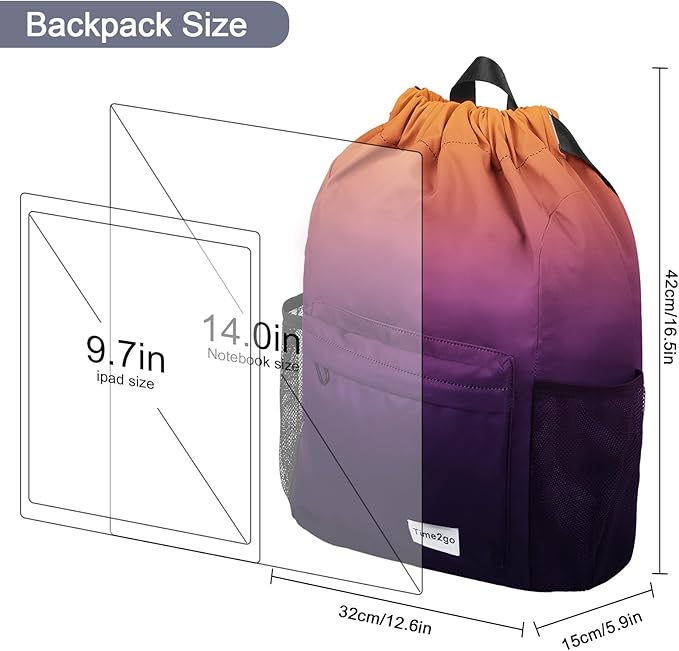 Drawstring Backpack Sports Gym Sackpack with Mesh Pockets Water-Resistant String Cinch Beach Bag for Men Women(Orange Purple)