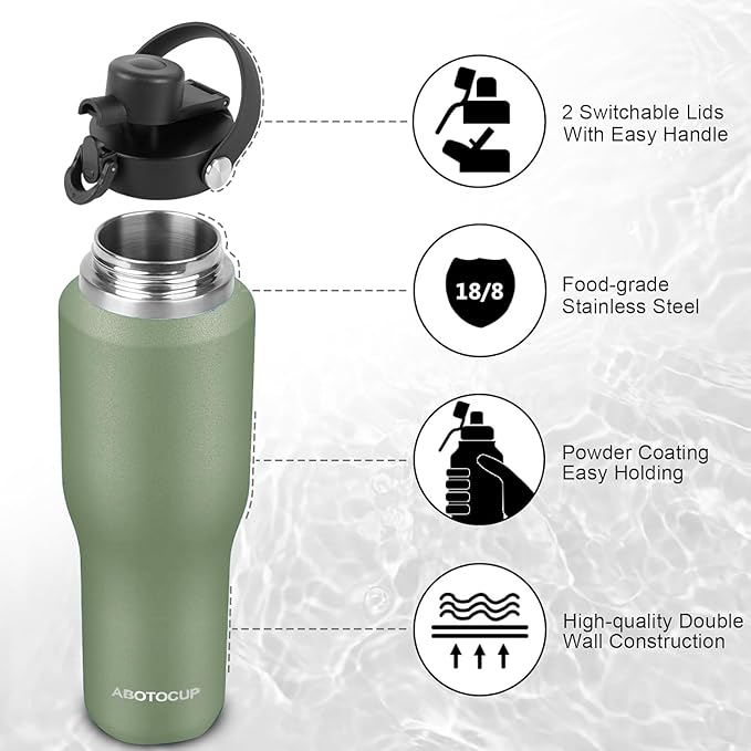 Insulated Water Bottle 32oz with Straw/Spout Lids, Stainless Steel Water Bottles Keep Cold 24h&Hot 12h, Metal Water Bottle with Straw that Fits in Cup Holder, Water Bottle Leak-proof,BPA Free