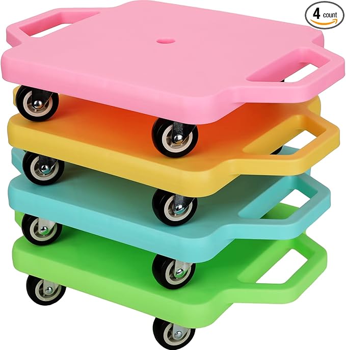 Jerify 4 Pieces Sports Scooter Board with Handles Plastic Casters Floor Sitting Scooter Boards for Kids Children Gym Indoor Outdoor Activities Play Equipment, 11.22 x 11.22 inch