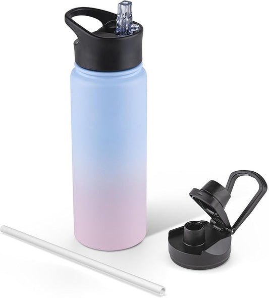 24 oz Insulated Water Bottle with Straw Lid & Wide Mouth Lids, Stainless Steel Sports Water Bottles, Double Walled Vacuum, Leak Proof, Pink Blue Gradient