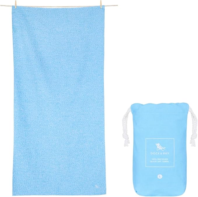 Dock & Bay Quick Drying Towel - for Sports & Gym - Compact, Lightweight - 100% Recycled - Includes Bag - Essential - Lagoon Blue - Large (160x90cm, 63x35)