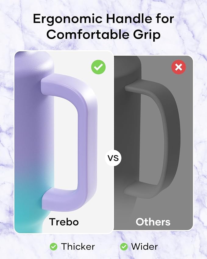 Trebo 40 oz Water Bottle Insulated Fit Car Cup Holder with Handle, Stainless Steel Water Bottles Tumbler with Spout Straw Lids, Double Wall Travel Reusable Flask, Leakproof Mug,Keep Cold &Hot,Purple