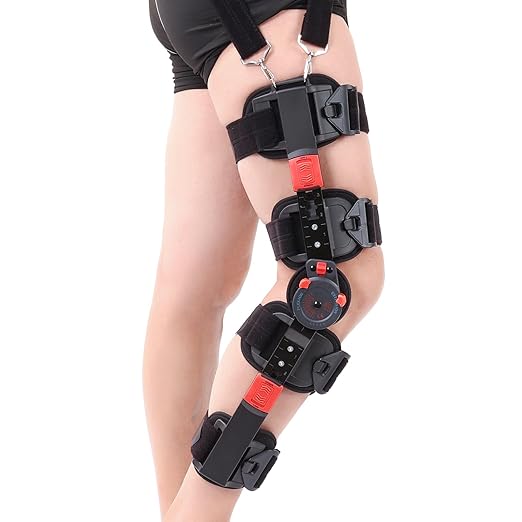 Hinged ROM Knee Brace with Shoulder Strap Post Op Knee Immobilizer Adjustable Knee Support with Side Stabilizers Medical Knee Orthopedic Support for Men and Women, Left or Right Leg (Red)