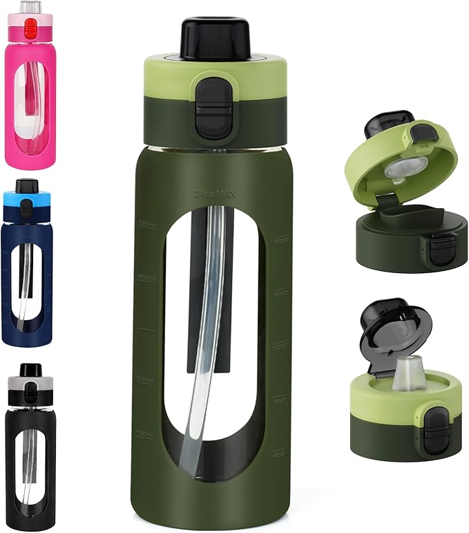 ANOTION 24OZ Glass Water Bottle, Large Sports Water Bottle with Dual-Drink Lid Clear Leakproof Glass Bottles with Straw, Motivational Jug with Silicone Sleeve and Time Marker for Travel Gym-Green