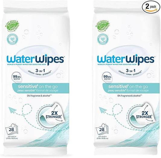 WaterWipes On The Go Wipes, 99.9% Water-Based Wipes for Travel, Sports, and to Refresh Skin, Unscented & Hypoallergenic, 28 Count (2 Pack)