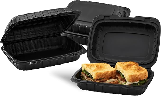 KARAT EARTH Clamshell Take Out Food Containers [9"x6" - 250 ct] To Go Containers | Microwavable, Freezer Safe, Soak-Resistant, Durable, Stackable | Vented for Hot/Cold Foods, Black