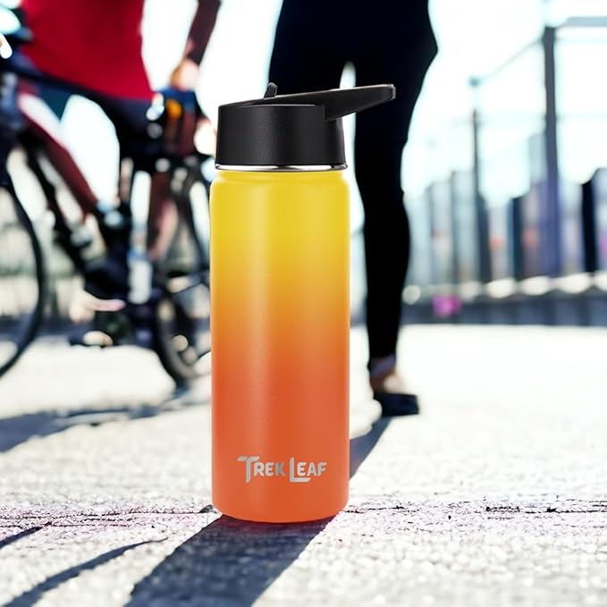 Travel Water Bottle with 3 Lids (Spout, Straw, Flip) Leak Proof, Quality, Vacuum Insulated, Stainless Steel (Sunrise, 18 oz)