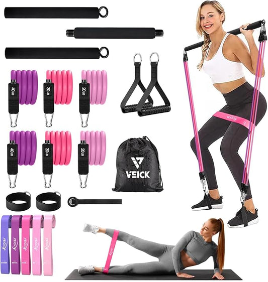VEICK Pilates Bar Kit with Resistance Bands, Elastic Workout Bands for Men and Women, Set of 5 Resistance Loop Bands for Home Fitness, Stretching, Strength Training, Physical Therap