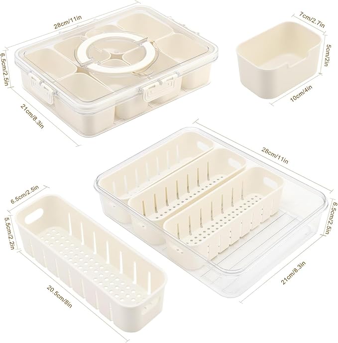 Divided Serving Tray with Lid & Handle| Multi-Purposed Snackle Box Bundle 8ct & 4ct Dividers 20pc Mini Forks| Snackle Box Container for Fruits Nuts Candy Charcuterie Platters Road Trips Picnics