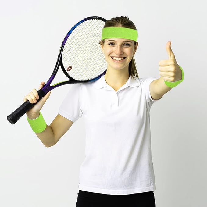 ONUPGO 5 Pieces Sweatbands Striped Socks Set Sports Headband Wristbands High Tube Socks 80s Accessories Costumes