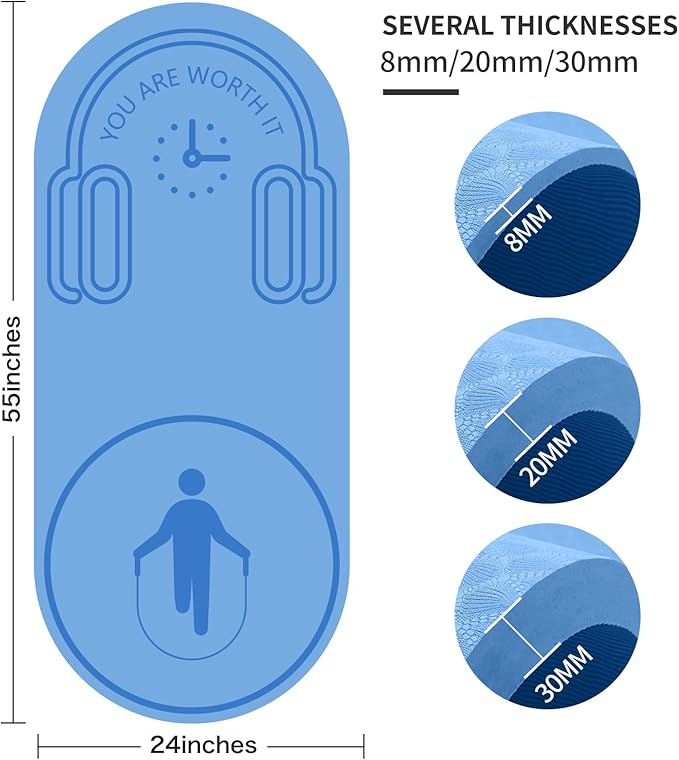 8/20/30mm Jump Rope Mat Fitness Exercise Mat Durable, Non-Slip, Workout Mats with Jump Rope & Carrying Bag for Home Gym Flooring (55"x 24")