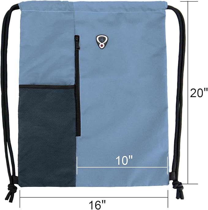BeeGreen Blue Drawstrings Backpack Gym Sack For Men With Water Bottle Pocket &Front Zippered Pocket Large Sting Bags For WomenTraveling Yoga Beach Outdoor Gym