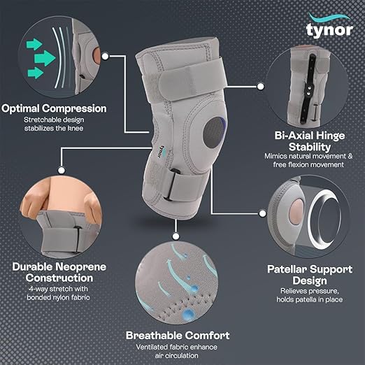 TYNOR Hinged Knee Brace with Double Strap Adjustable Neoprene Knee Support For Men & Women,Arthritis,Meniscus Tear,ACL with Open Patella with Removable Metal Hinges & Side Stabilizers (Medium),1 Unit