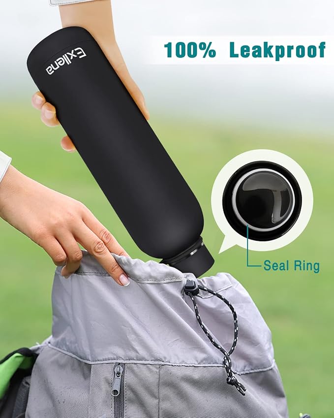 Slim Insulated Water Bottles for Travel 32oz with Clip, Double Wall Vacuum Stainless Steel Water Bottle Keeps Drinks Cold 24 Hrs/Hot 12 Hrs, 100% Leakproof, BPA Free (Black)