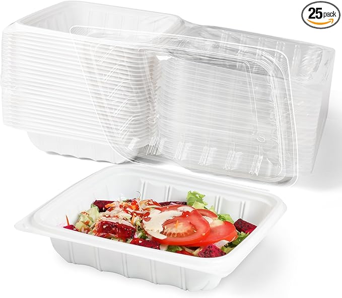 YANGRUI Takeout Containers 8 Inch 34 oz 25 Pack - Reusable Anti Fog Crystal Lid Technology Shrink Wrap To Go Box | BPA Free PP Plastic Freezer & Microwave Safe | White Restaurant Grade Food Container
