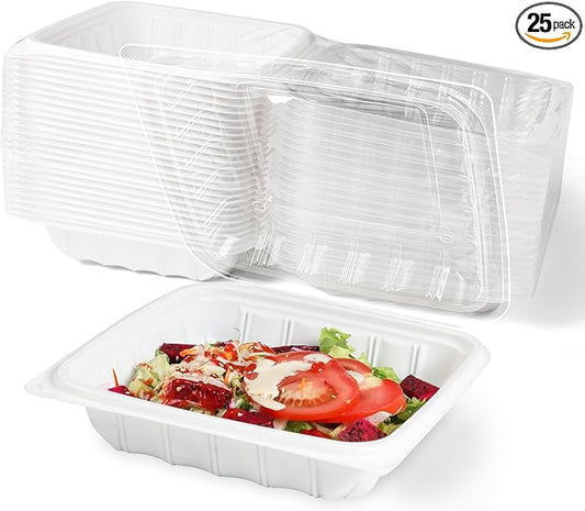 YANGRUI Takeout Containers 8 Inch 34 oz 25 Pack - Reusable Anti Fog Crystal Lid Technology Shrink Wrap To Go Box | BPA Free PP Plastic Freezer & Microwave Safe | White Restaurant Grade Food Container