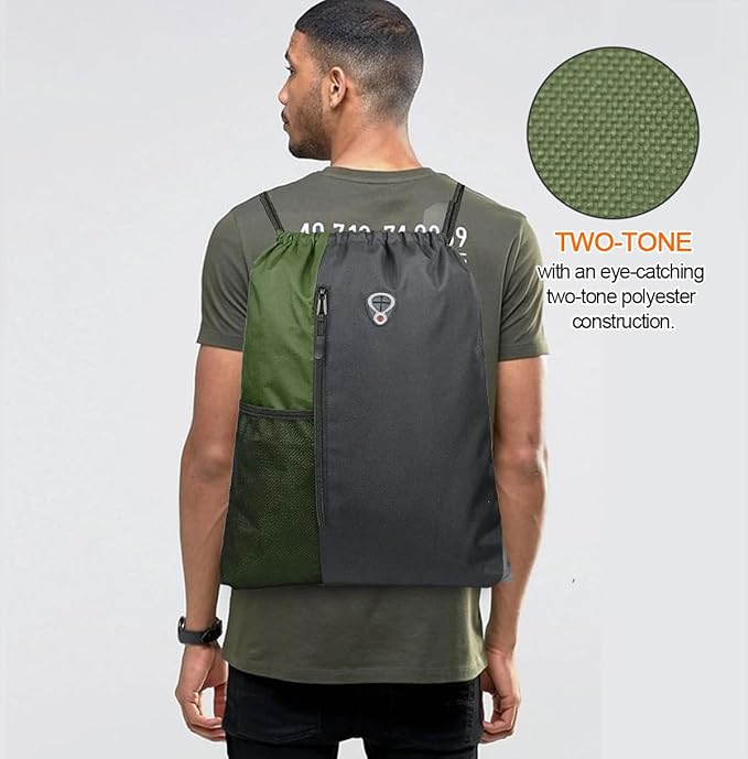 BeeGreen Moss Green Drawstring Backpack Gym Bag For Men & Women – Sports Sackpack with Mesh Water Bottle Holder & 2 Zippered Pockets – Large 16x20 Inch Cinch String Backpack