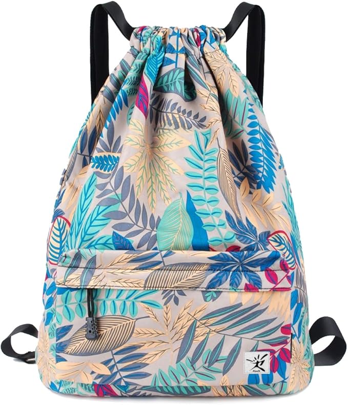 Drawstring Backpack with Mesh Pockets String Gym Bag Sackpack Sandproof Water Resistant Beach Backpack for Men Women