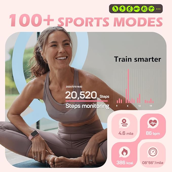 MorePro Health Fitness Tracker with Blood oxy-gen Monitor and 24/7 Heart Rate and Blood Pressure, Sleep Monitor, 120+ Sport Modes Waterproof Fitness Watch for Women Men Android iOS, Pink