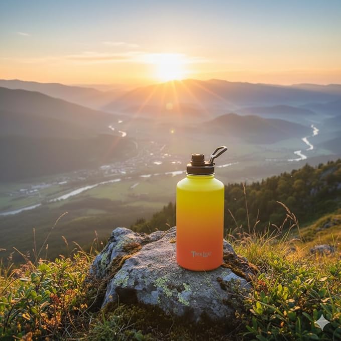 Travel Water Bottle with Carrying Bag, 3 Lids (Spout, Straw, Handle), and Bottle Brush; Leak Proof, Quality, Vacuum Insulated, Stainless Steel (Sunrise, 64 oz)