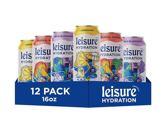 Leisure Hydration Non-Carbonated Electrolyte Refresher, Variety Pack - Low Sugar Nutrient Enhanced Water Beverage - Get The Best Hydration Packed w/ Magnesium & Ashwagandha For Mood & Stress Support, Non-GMO, 16 oz (12-Cans)