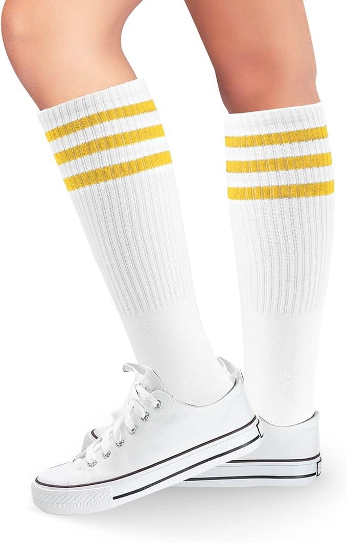 ONUPGO 5 Pieces Sweatbands Striped Socks Set Sports Headband Wristbands High Tube Socks 80s Accessories Costumes