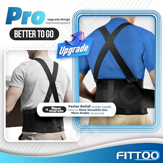 FITTOO Back Brace with Removable Suspenders & Lumbar Pad for Back Pain Relief, Heavy Lifting Support, Moving and Warehouse Jobs, Lower Back Pain Protection Belt for Men & Women in Construction