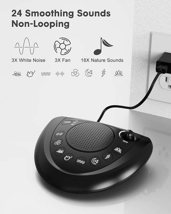 White Noise Machine, Cordless Sleep Sound Machine with 24 Soothing Sounds, Timer & Memory Function, Headphone Jack, USB Charging, Powered by AC or Battery for Baby, Kids, Adults, Travel