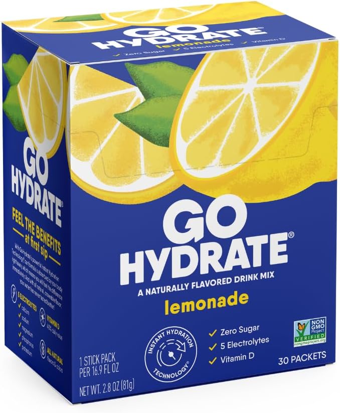 GoHydrate Instant Hydration Powder Packets - Low Sodium Electrolytes Drink Mix - Natural Hydration Support, Sugar Free Electrolyte Flavored Powder Drink with Vitamin D, 30 Packs, Lemonade