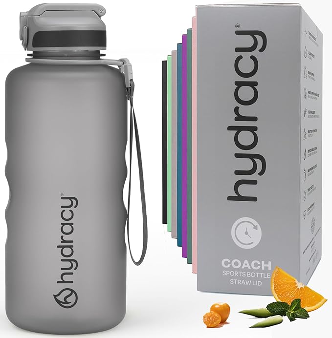 Hydracy Water Bottle with Time Marker -Large BPA Free Water Bottle & No Sweat Sleeve -Leak Proof Gym Bottle with Fruit Infuser Strainer & Times to Drink -Ideal for Fitness Sports & Outdoors