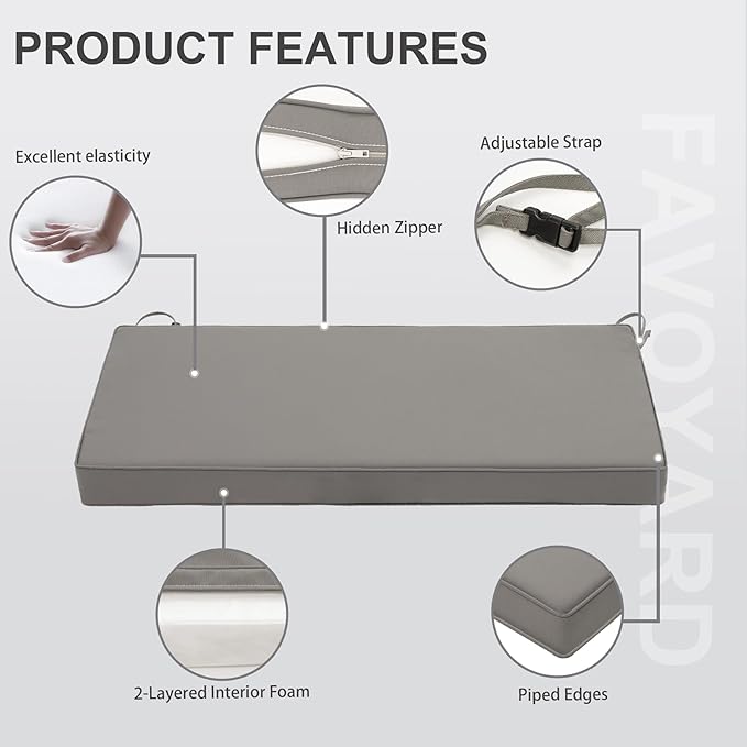 Favoyard Outdoor Bench Cushion 45 x 18 Inch Waterproof Patio Furniture Cushions 3-Year Color Fastness Garden Sofa Settee Couch Swing Pads with Handle and Adjustable Straps, Light Gray