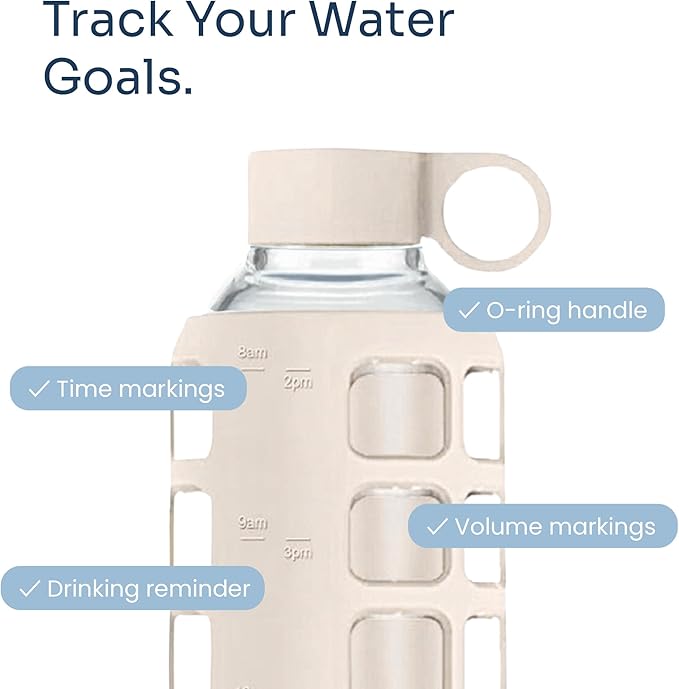 purifyou 40oz / 32oz / 22oz / 12oz Borosilicate Glass Water Bottle with Time & Volume Markers, Silicone Sleeve, Stainless Steel Lid | Reusable Glass Bottle for Water & Juice (32oz Pearled Ivory)