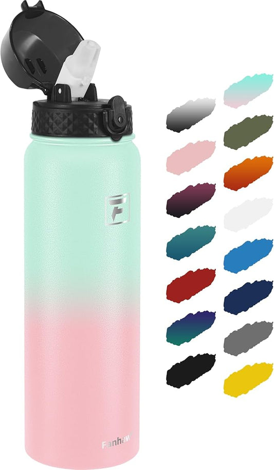 Fanhaw 32 Oz Stainless Steel Insulated Sports Water Bottles with Straw for Kids, Men and Women (Green Pink)