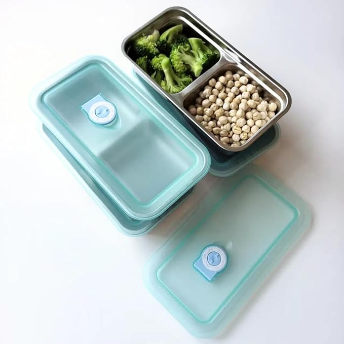 Stainless Steel Snack Containers for Kids and Adults [2/4/6-Pack Set] Reusable Food Storage Container Set with Lids-2 Compartment Bento Box for Lunch,Travel, Meal Prep- Leakproof & Dishwasher Safe(2)