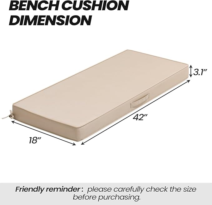 Crestlive Products Outdoor Bench Cushion 42 x 18 Inch, Waterproof Patio Bench Cushions for Outdoor Furniture, Porch Swing Replacement Pad with 30D Foam, Adjustable Straps and Portable Handle, Beige