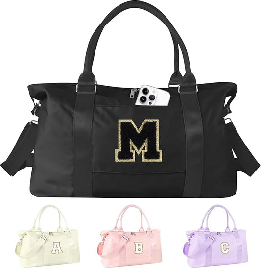 Dance Gym Duffel Bag for Teen Girls, Personalized Initial Travel Weekender Bag,Cute Overnight Carry On Duffle for Women,Sports Travel Cheer Bag,Monogram Christmas Gifts for Tween Preppy(black-M)