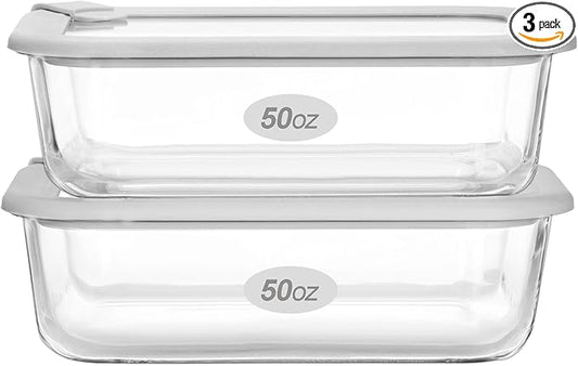Glass Food Containers with Glass Lid, Microwave Safe Food Storage Container Set, 2 Pack of 50oz, Large Size Airtight Storage Set with Leak Proof Lids, Meal Prep Containers