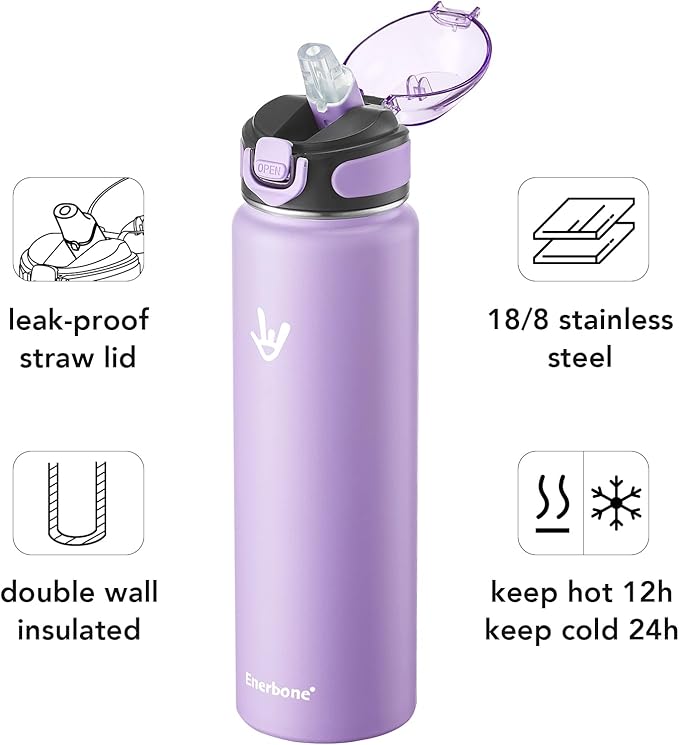 Enerbone 32 oz Insulated Water Bottle, Stainless Steel Bottle with Carrying Strap, Double-Wall Vacuum Insulation Design, Leakproof Sports Bottle with Straw, Keep Drinks Cold or Hot for Hours